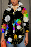 Black Floral Print Shirt Collar Long Sleeve Buttons Slit Casual Vacation Shirt Tops