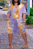 Green Graphics Print Basic V Neck Short Sleeve Loose Pockets Straight Casual Midi T-Shirt Dress