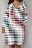 Yellow Green Plaid Print  V Neck Short Sleeve Casual Vacation Loose Pockets Plus Size Midi T-Shirt Dress