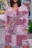 White Casual Graphics Print V Neck Long Sleeve Knee Length Pocket Straight Loose Midi Dress