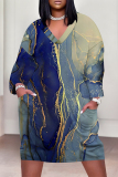 Dark Blue Casual Graphics Print V Neck Long Sleeve Knee Length Pocket Straight Loose Midi Dress
