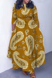 Blue White Casual African Figure Print O Neck 3/4 Sleeve Belted Pockets Long Vacation Pleated Maxi Dresses