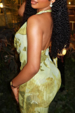 Yellow Green Graphics Print Sleeveless Backless Formal Evening Party Prom Halter Bodycon Maxi Dresses