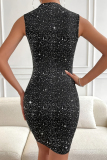 Black Sleeveless Sequined Evening Party Gown See-Through O Neck Bodycon Glitter Prom Mini Dress
