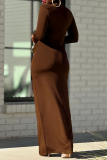 Brown Turtleneck Long Sleeve Front Slit Formal Evening Party Prom Ruched Bodycon Maxi Dresses