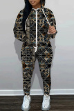 Dark Green Graphics Print Zipper Long Sleeve Hooded Sweatshirts And Drawstring Pants Two Pieces Sportwear Casual Sweatsuits Sets