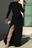 Brown Turtleneck Long Sleeve Front Slit Formal Evening Party Prom Ruched Bodycon Maxi Dresses