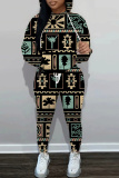 Dark Khaki Graphics Print Long Sleeve Hooded Sweatshirts And Drawstring Pants Two Pieces Sportwear Casual Sweatsuits Sets