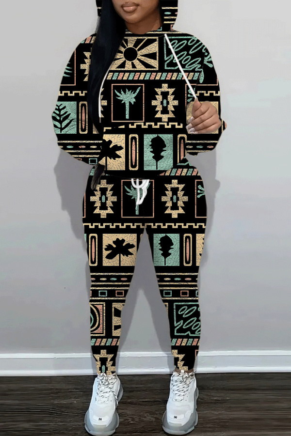 Dark Khaki Graphics Print Long Sleeve Hooded Sweatshirts And Drawstring Pants Two Pieces Sportwear Casual Sweatsuits Sets