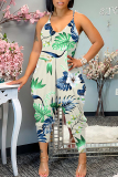Dark Blue Vacation Loose Casual Graphics Print Backless Spaghetti Strap Cami Jumpsuits