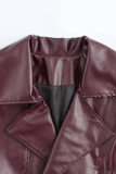 Reddish Brown Cardigan Turndown Collar Long Sleeve Casual PU Leather Jackets