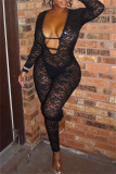 Black Deep V Neck Long Sleeve See-Through One Piece Bodysuit Lace Bodycon Jumpsuits