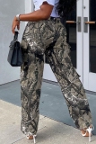 Multicolor Casual Graphics Print Pocket Straight High Waist Cargo Pants