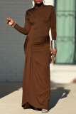 Brown Turtleneck Long Sleeve Front Slit Formal Evening Party Prom Ruched Bodycon Maxi Dresses