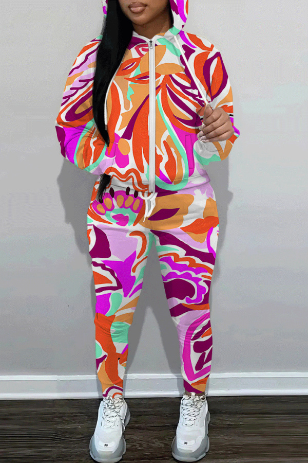 Rose Red Graphics Print Long Sleeve Zipper Hooded Sweatshirts And Drawstring Pants Two Pieces Sportwear Casual Sweatsuits Sets