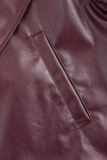 Reddish Brown Cardigan Turndown Collar Long Sleeve Casual PU Leather Jackets