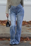 Blue Mid Waist Straight Casual Straight Leg Distressed Denim Jeans