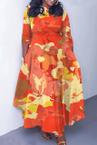 Blue White Casual African Figure Print O Neck 3/4 Sleeve Belted Pockets Long Vacation Pleated Maxi Dresses