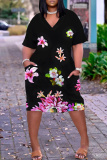Red Casual Floral Print V Neck Short Sleeve Pocket Loose Midi T-shirt Dress