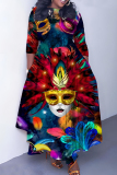 Multicolor Casual African Figure Print O Neck 3/4 Sleeve Belted Pockets Long Vacation Pleated Maxi Dresses