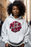 Rose Red Pink Letter Figure Print Long Sleeve Loose Fall Winter Hooded Sweatshit