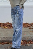 Blue Mid Waist Straight Casual Straight Leg Distressed Denim Jeans