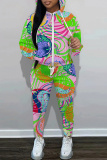 Rose Red Graphics Print Long Sleeve Zipper Hooded Sweatshirts And Drawstring Pants Two Pieces Sportwear Casual Sweatsuits Sets