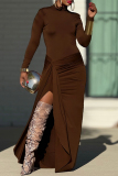 Brown Turtleneck Long Sleeve Front Slit Formal Evening Party Prom Ruched Bodycon Maxi Dresses