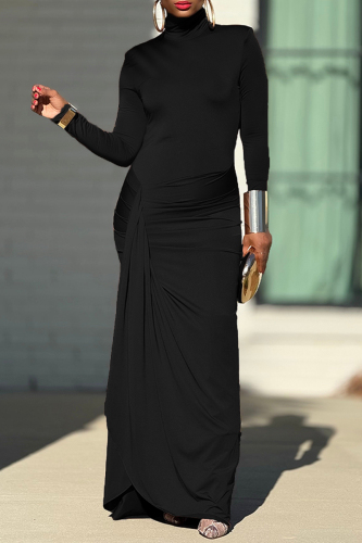 Brown Turtleneck Long Sleeve Front Slit Formal Evening Party Prom Ruched Bodycon Maxi Dresses