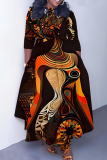 Dark Khaki Casual African Figure Print O Neck 3/4 Sleeve Belted Pockets Long Vacation Pleated Maxi Dresses