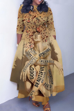 Dark Khaki Casual African Figure Print O Neck 3/4 Sleeve Belted Pockets Long Vacation Pleated Maxi Dresses