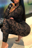 Black Deep V Neck Long Sleeve See-Through One Piece Bodysuit Lace Bodycon Jumpsuits