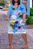 Red Casual Floral Print V Neck Short Sleeve Pocket Loose Midi T-shirt Dress