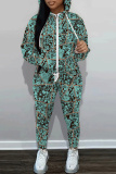 Dark Green Graphics Print Zipper Long Sleeve Hooded Sweatshirts And Drawstring Pants Two Pieces Sportwear Casual Sweatsuits Sets