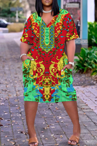Red Casual Floral Print V Neck Short Sleeve Pocket Loose Midi T-shirt Dress