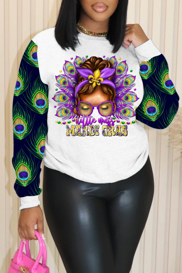 White Purple Casual Floral Print O Neck Long Sleeve Fall Winter Sweatshirt