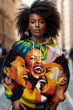 Brown African Figure Print Long Sleeve Loose Fall Winter Hooded Sweatshit
