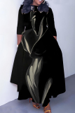 Dark Khaki Casual African Figure Print O Neck 3/4 Sleeve Belted Pockets Long Vacation Pleated Maxi Dresses