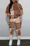 Dark Khaki Graphics Print Long Sleeve Hooded Sweatshirts And Drawstring Pants Two Pieces Sportwear Casual Sweatsuits Sets