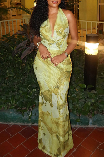 Yellow Green Graphics Print Sleeveless Backless Formal Evening Party Prom Halter Bodycon Maxi Dresses