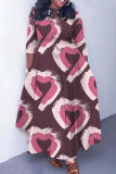 Red Bean Paste Casual Love Print O Neck 3/4 Sleeve Belted Pockets Long Vacation Pleated A Line Maxi Dresses