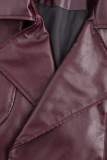 Reddish Brown Cardigan Turndown Collar Long Sleeve Casual PU Leather Jackets