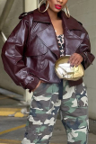 Reddish Brown Cardigan Turndown Collar Long Sleeve Casual PU Leather Jackets