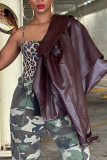 Reddish Brown Cardigan Turndown Collar Long Sleeve Casual PU Leather Jackets