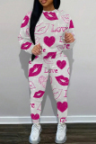 Gray Letter Love Print Long Sleeve O Neck Sweatshirt And Drawstring Pants Sportwear Casual Two Pieces Sweatpant Set