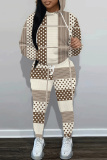 Dark Khaki Graphics Print Long Sleeve Hooded Sweatshirts And Drawstring Pants Two Pieces Sportwear Casual Sweatsuits Sets