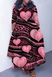 Red Bean Paste Casual Love Print O Neck 3/4 Sleeve Belted Pockets Long Vacation Pleated A Line Maxi Dresses