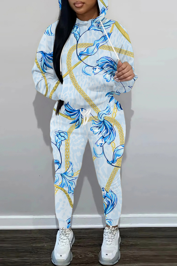 Light Bue Graphics Print Long Sleeve Hooded Sweatshirts and Drawstring Pants Two Pieces Sportwear Casual Sweatsuits Sets