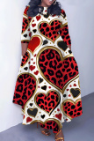 Red Bean Paste Casual Love Print O Neck 3/4 Sleeve Belted Pockets Long Vacation Pleated A Line Maxi Dresses