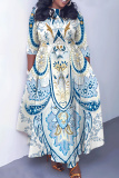 Blue White Casual African Figure Print O Neck 3/4 Sleeve Belted Pockets Long Vacation Pleated Maxi Dresses